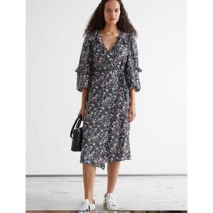 & Other Stories NWT Black Floral Ruffle Wrap Midi Dress Size M V-Neck Boho Chic